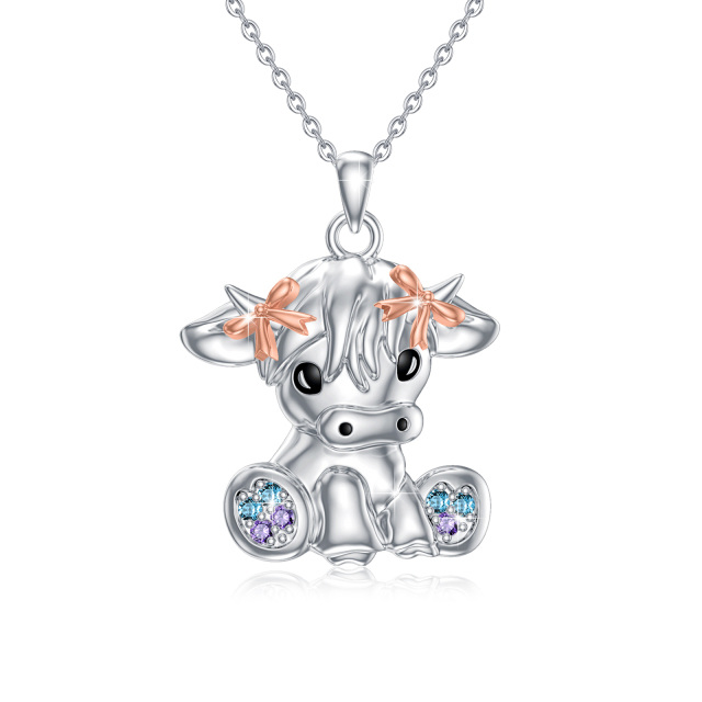 Sterling Silver Two-tone Cubic Zirconia Highland Cow Pendant Necklace-1