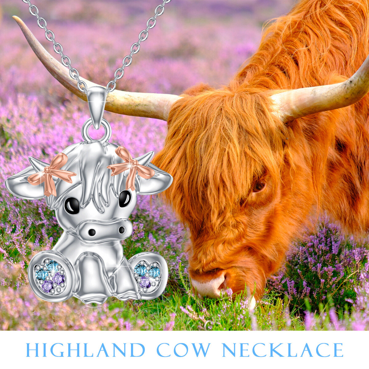 Sterling Silver Two-tone Cubic Zirconia Highland Cow Pendant Necklace-4