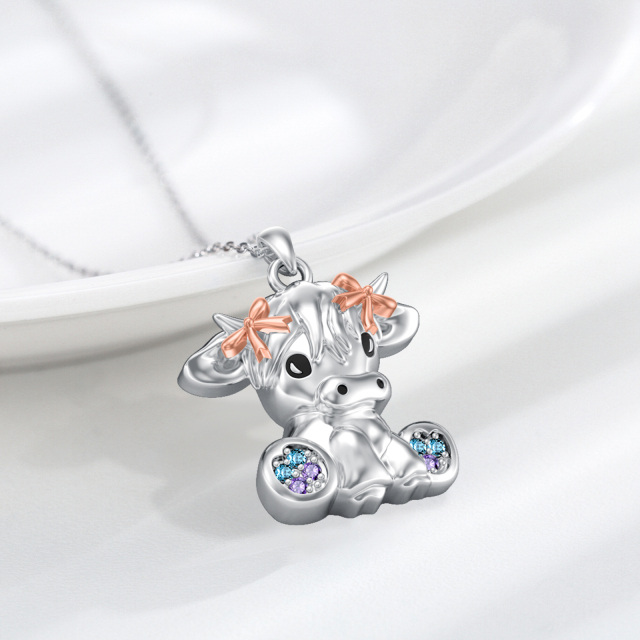 Sterling Silver Two-tone Cubic Zirconia Highland Cow Pendant Necklace-5