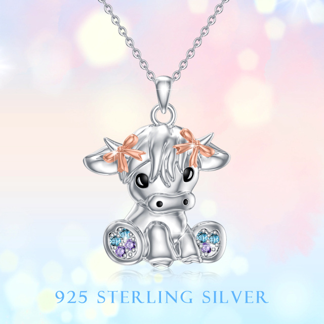 Sterling Silver Two-tone Cubic Zirconia Highland Cow Pendant Necklace-6