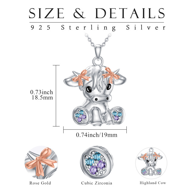 Sterling Silver Two-tone Cubic Zirconia Highland Cow Pendant Necklace-7