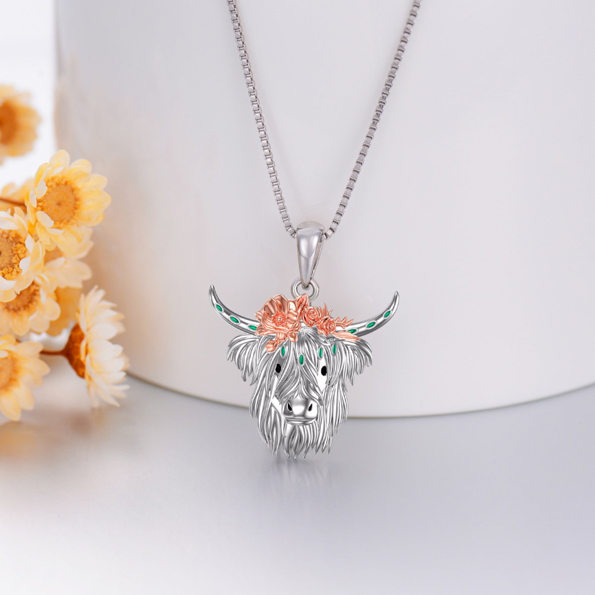 Sterling Silver Two-tone Highland Cow & Rose Pendant Necklace-3