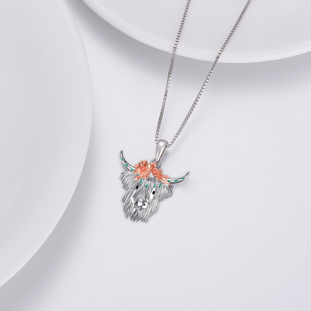 Collar colgante de plata de ley bicolor Highland Cow & Rose-4
