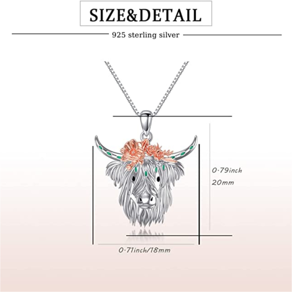 Collar colgante de plata de ley bicolor Highland Cow & Rose-5