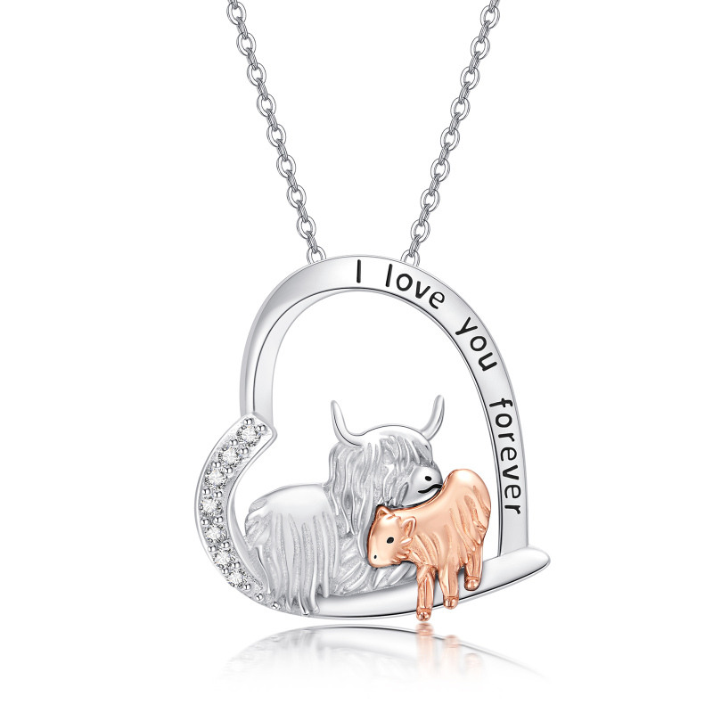 Sterling Silver Two-tone Cubic Zirconia Highland Cow & Sheep Heart Pendant Necklace-10