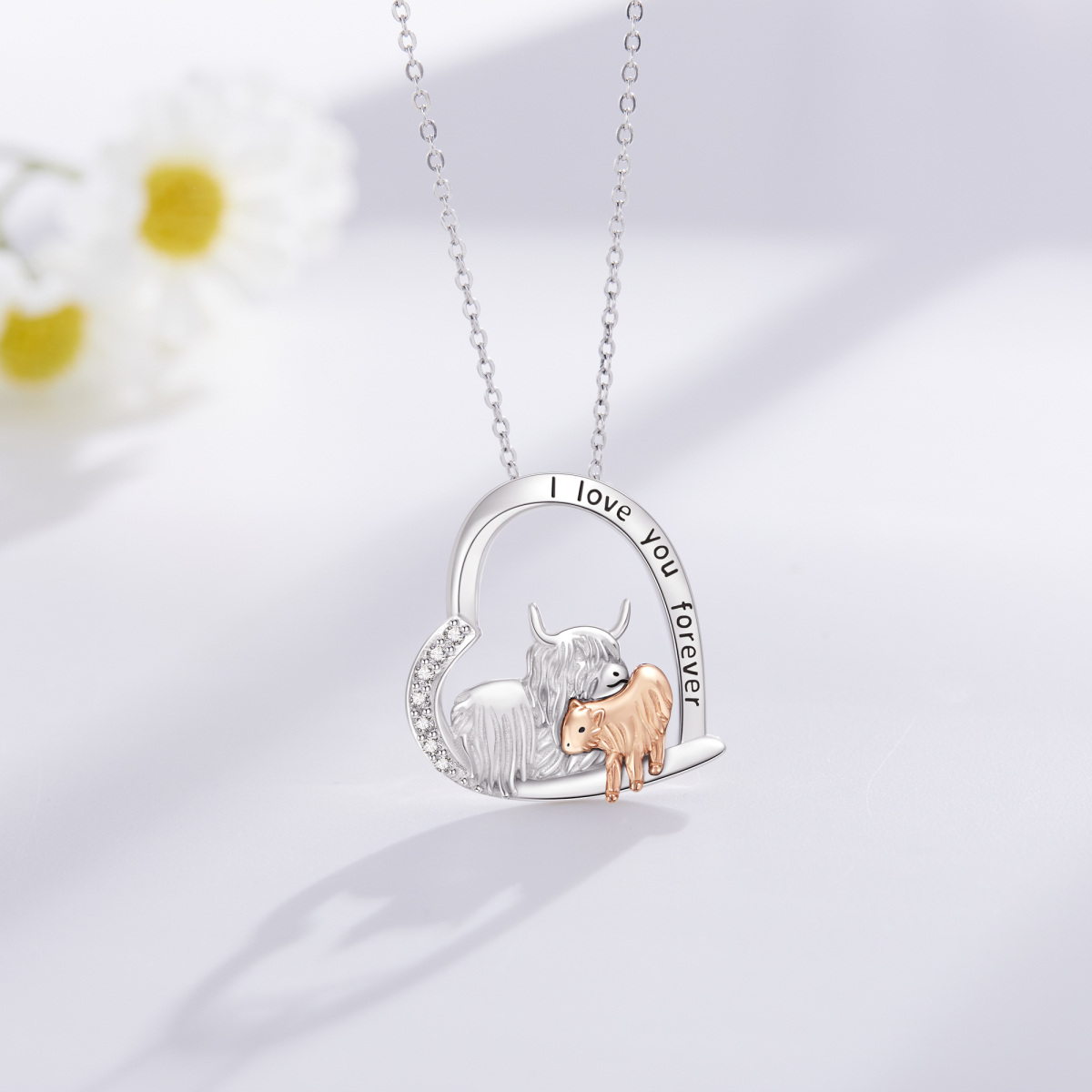 Sterling Silver Two-tone Cubic Zirconia Highland Cow & Sheep Heart Pendant Necklace-3