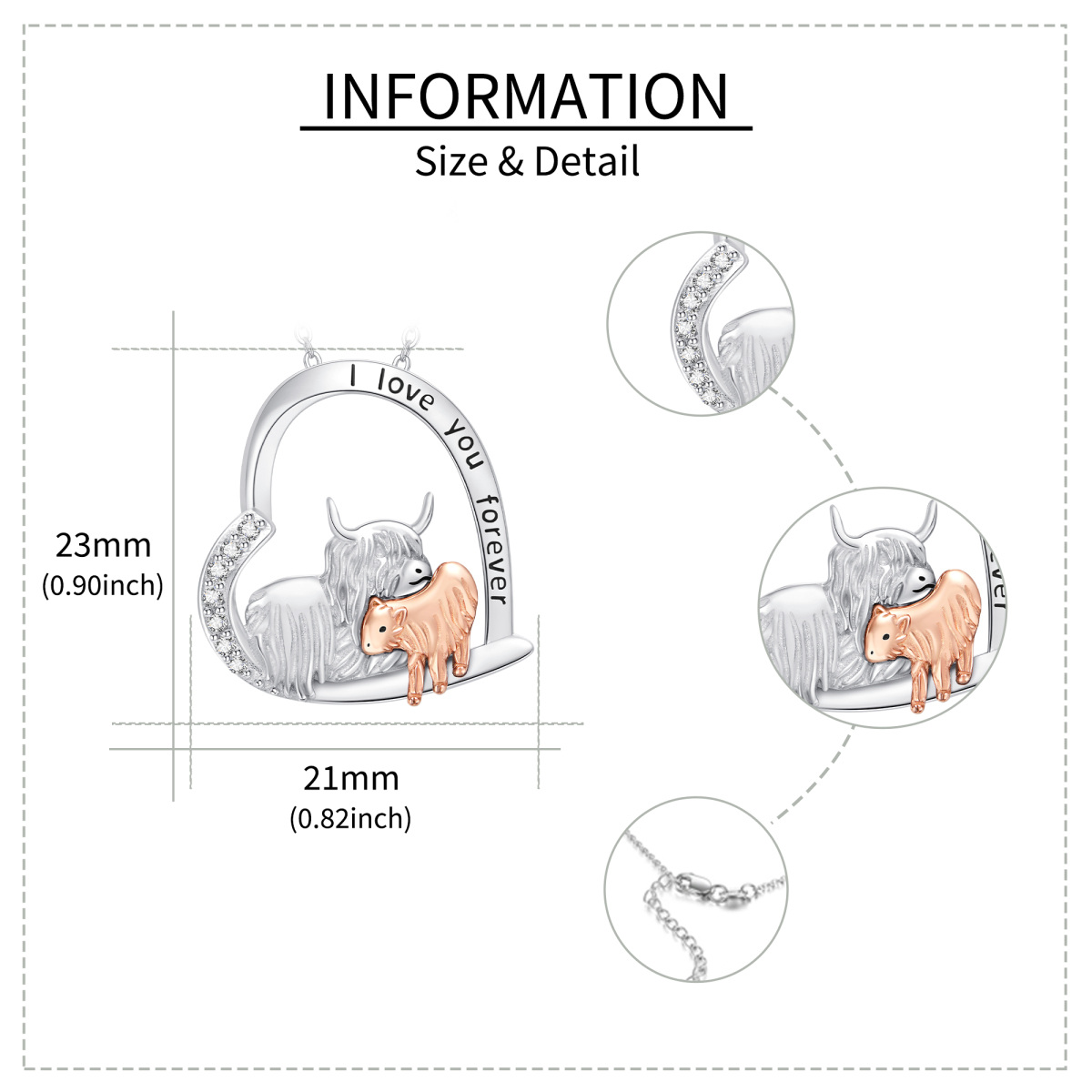 Sterling Silver Two-tone Cubic Zirconia Highland Cow & Sheep Heart Pendant Necklace-5