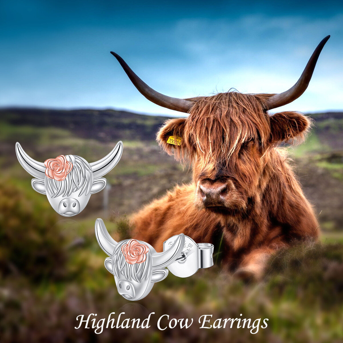 Sterling Silver Two-tone Highland Cow Stud Earrings-3