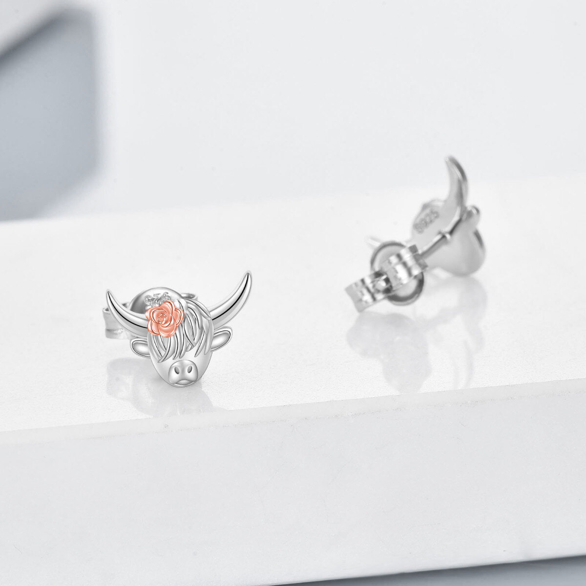 Sterling Silver Two-tone Highland Cow Stud Earrings-5