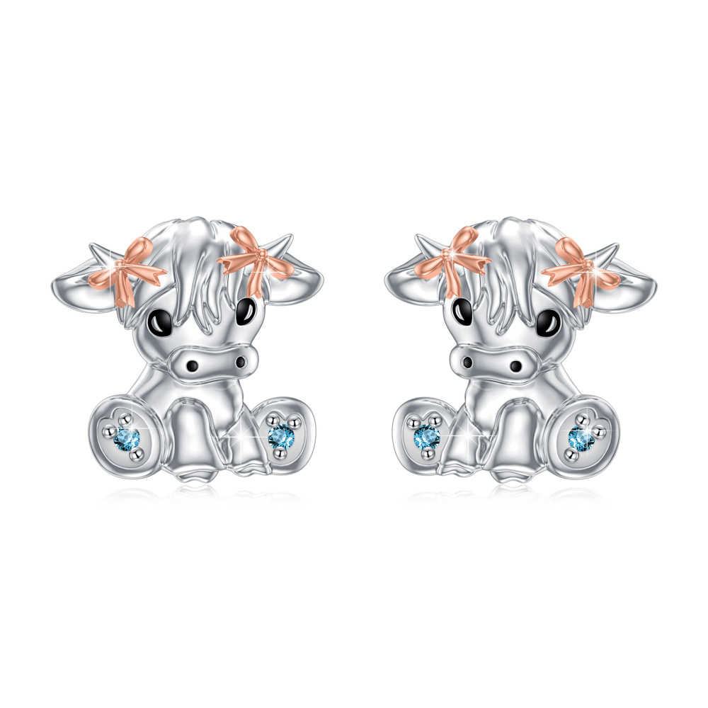Boucles d'oreilles Highland Cow en argent sterling avec zircon cubique bicolore-1