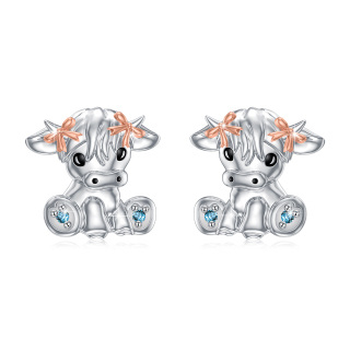 Sterling Silver Two-tone Cubic Zirconia Highland Cow Stud Earrings-39