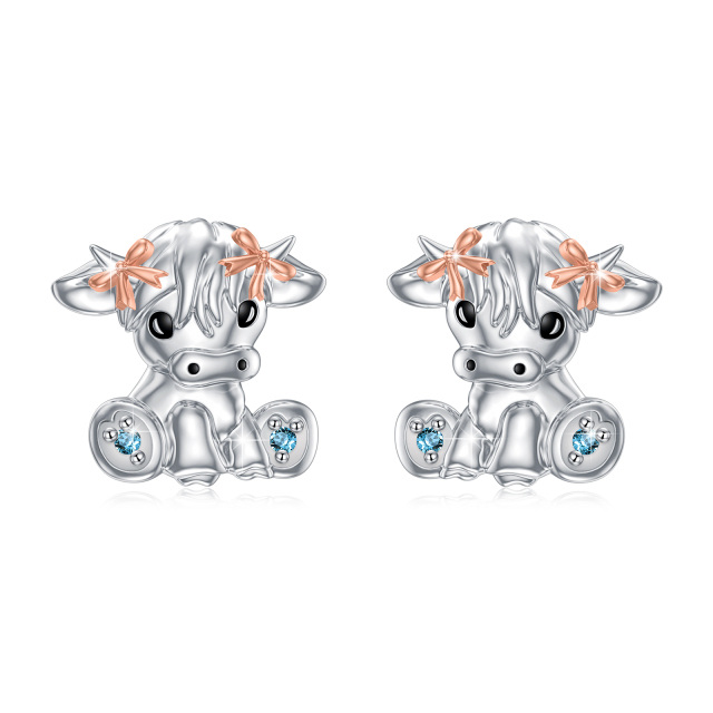 Sterling Silver Two-tone Cubic Zirconia Highland Cow Stud Earrings