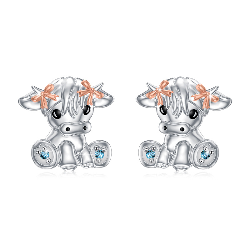 Sterling Silver Two-tone Cubic Zirconia Highland Cow Stud Earrings