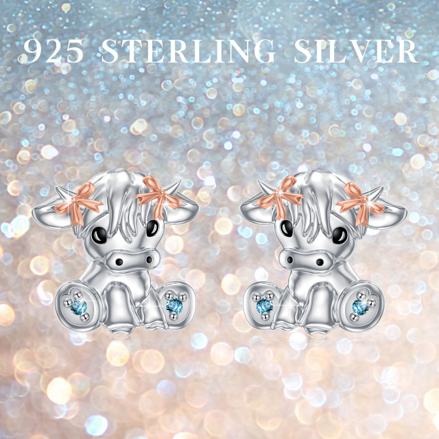 Sterling Silver Two-tone Cubic Zirconia Highland Cow Stud Earrings-4