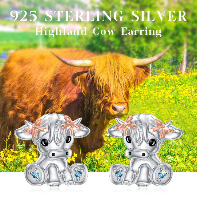 Sterling Silver Two-tone Cubic Zirconia Highland Cow Stud Earrings-5