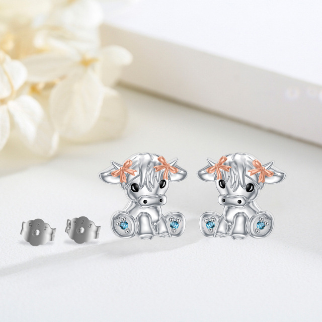 Sterling Silver Two-tone Cubic Zirconia Highland Cow Stud Earrings-6