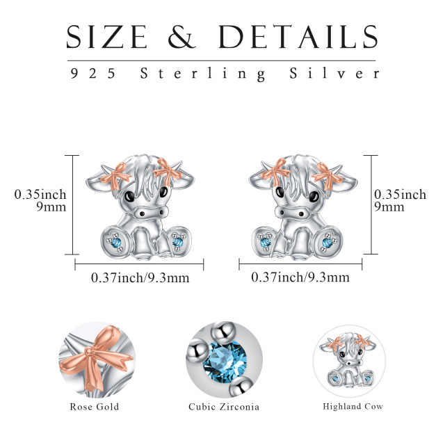 Sterling Silver Two-tone Cubic Zirconia Highland Cow Stud Earrings-7