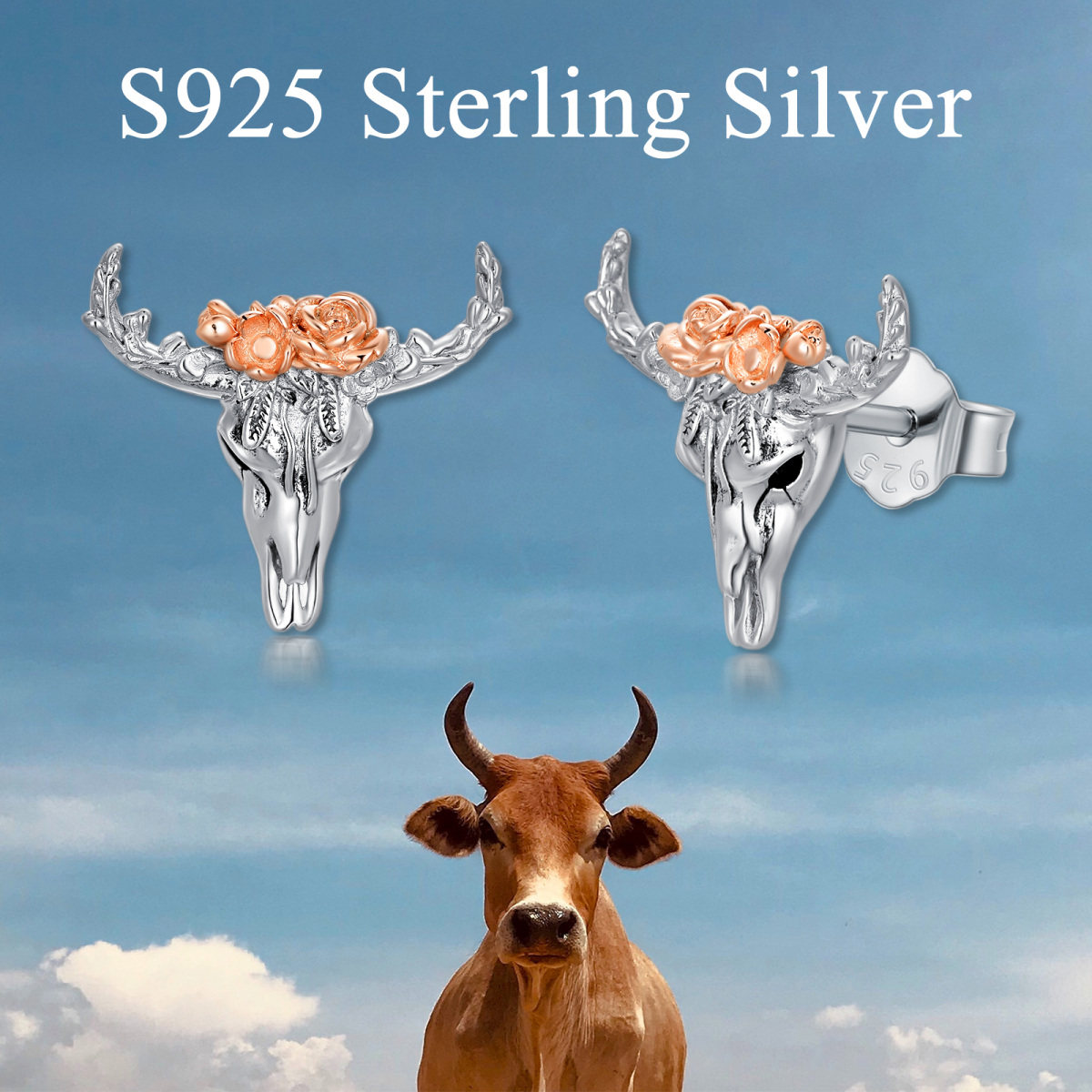 Sterling Silver Two-tone Highland Cow Stud Earrings-6