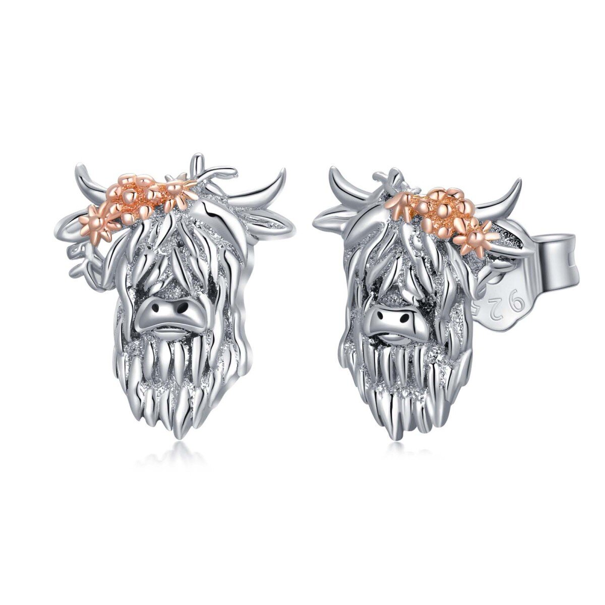 Sterling Silver Two-tone Highland Cow Stud Earrings-1