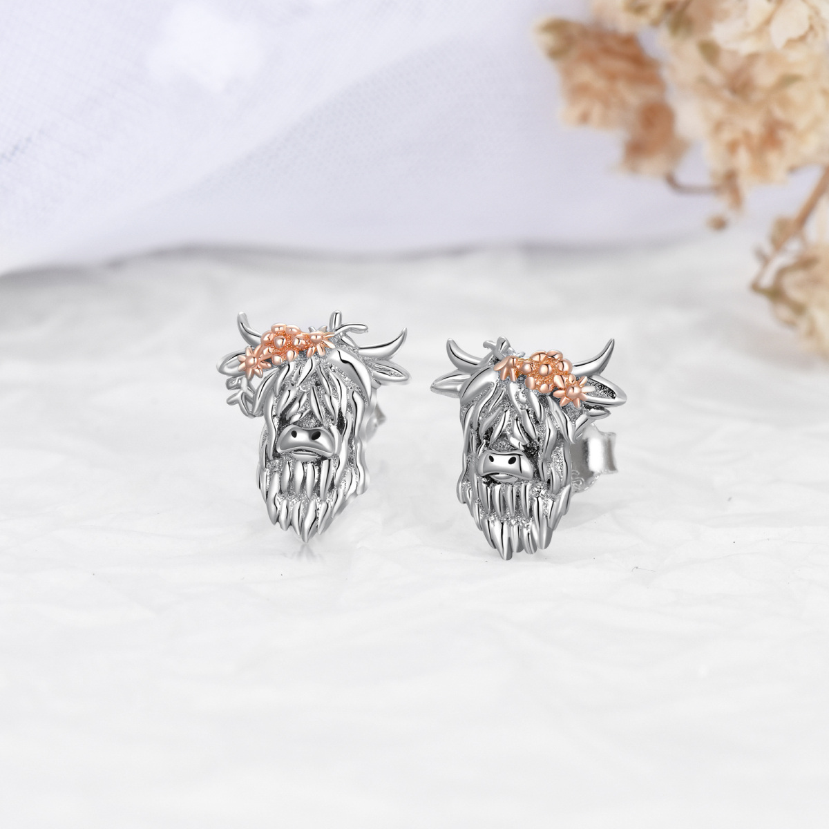 Sterling Silver Two-tone Highland Cow Stud Earrings-4