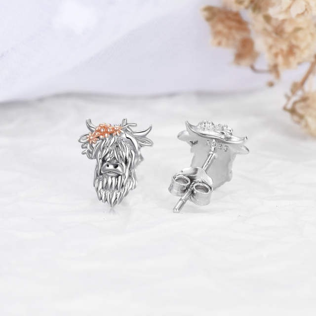 Sterling Silver Two-tone Highland Cow Stud Earrings-5