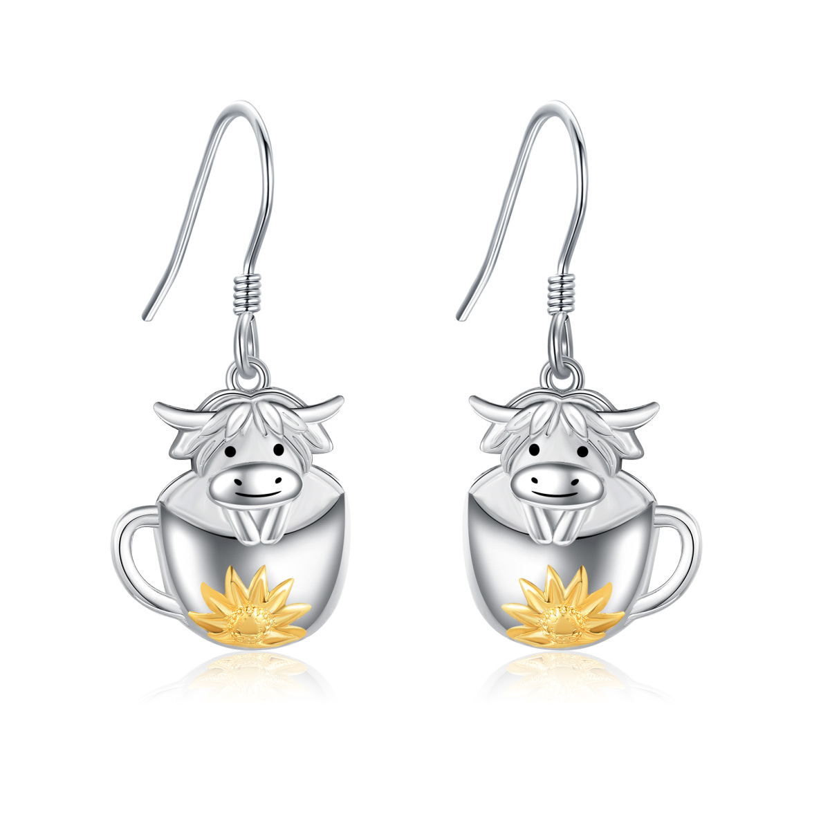 Sterling Silver Two-tone Highland Cow Sunflower Cup Drop Earrings-1