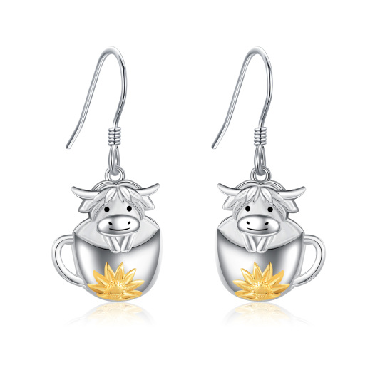 Sterling Silver Two-tone Highland Cow Sunflower Cup Drop Earrings