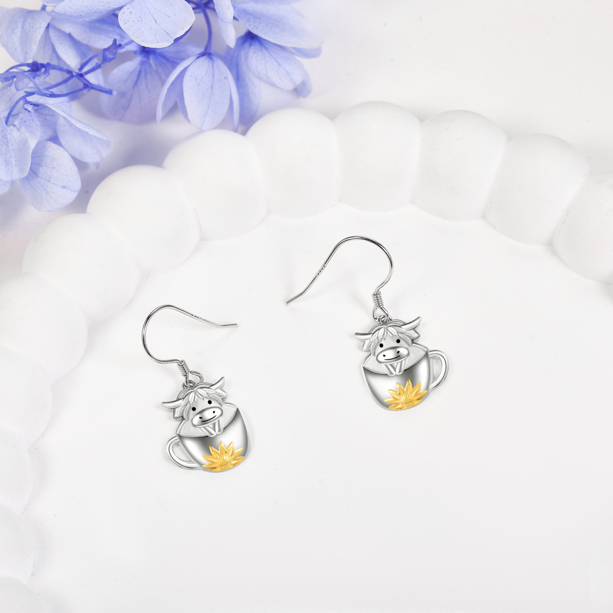 Sterling Silver Two-tone Highland Cow Sunflower Cup Drop Earrings-3