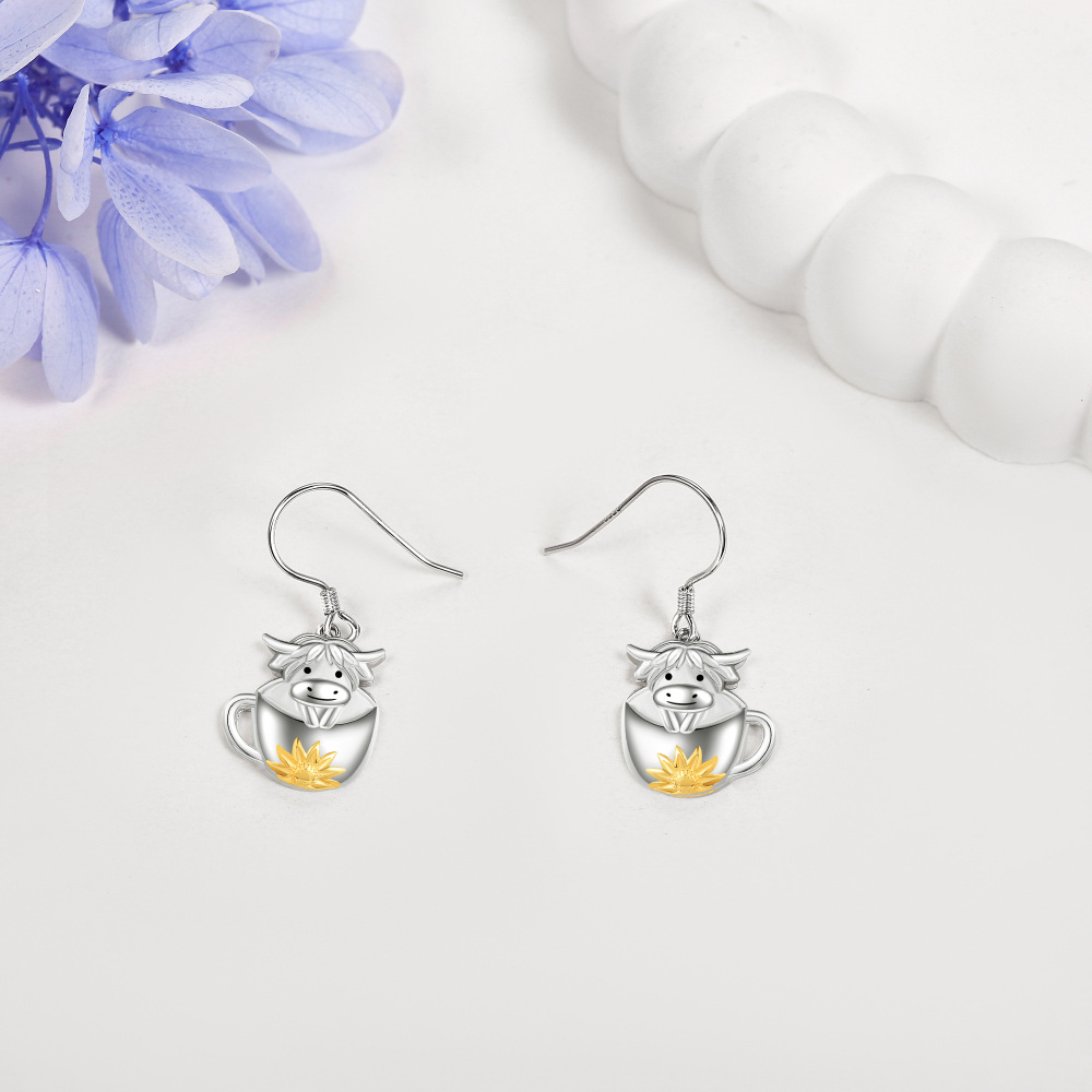 Sterling Silver Two-tone Highland Cow Sunflower Cup Drop Earrings-4