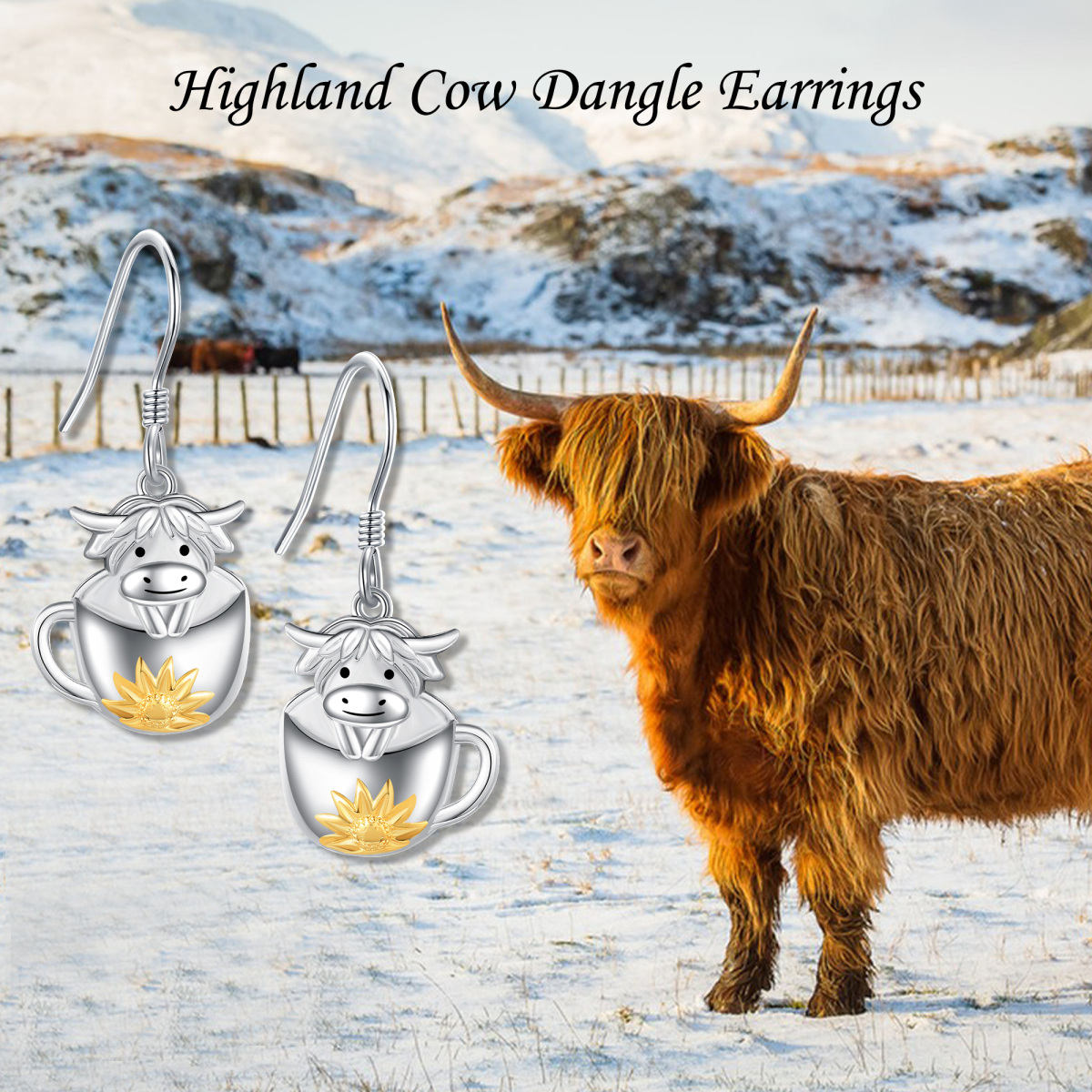 Sterling Silver Two-tone Highland Cow Sunflower Cup Drop Earrings-6