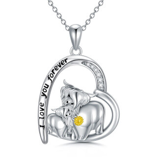 Sterling Silver Two-Tone Heart Cubic Zirconia Highland Cow & Sunflower Pendant Necklace With Engraved Word For Women-4