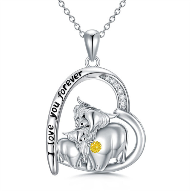 Sterling Silver Two-tone Cubic Zirconia Highland Cow & Sunflower & Heart Pendant Necklace with Engraved Word