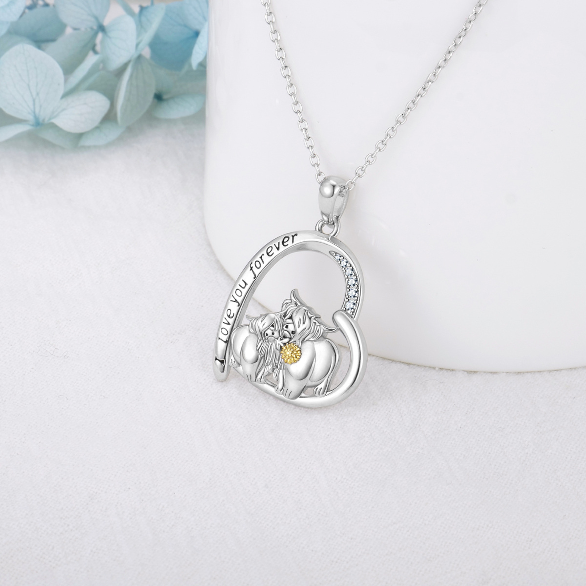 Sterling Silver Two-Tone Heart Cubic Zirconia Highland Cow & Sunflower Pendant Necklace With Engraved Word For Women-3