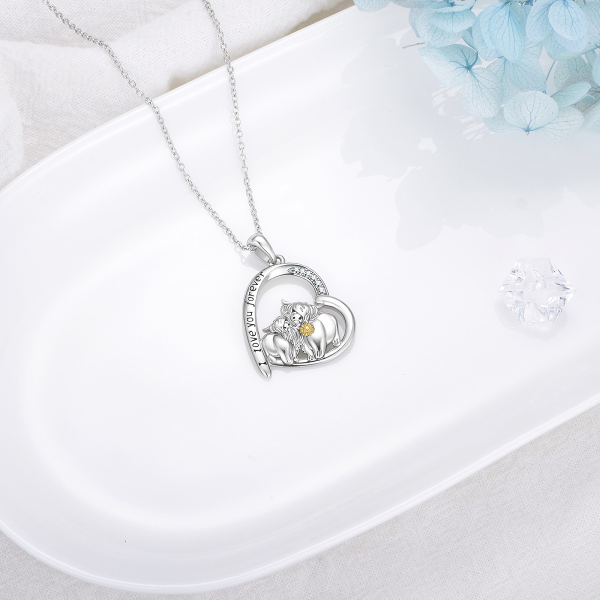 Sterling Silver Two-Tone Heart Cubic Zirconia Highland Cow & Sunflower Pendant Necklace With Engraved Word For Women-4