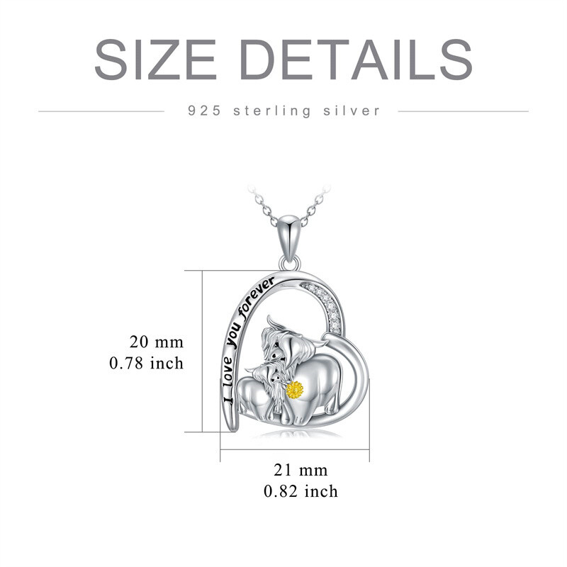 Sterling Silver Two-Tone Heart Cubic Zirconia Highland Cow & Sunflower Pendant Necklace With Engraved Word For Women-5