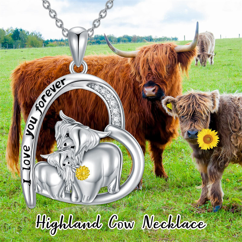 Sterling Silver Two-Tone Heart Cubic Zirconia Highland Cow & Sunflower Pendant Necklace With Engraved Word For Women-6