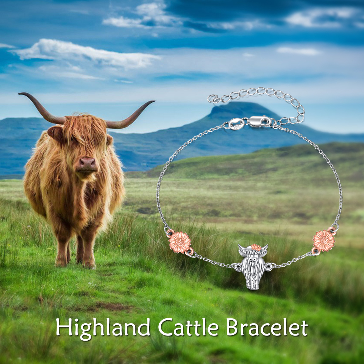 Pulseira de prata esterlina com pendente Highland Cow & Sunflower em dois tons-6