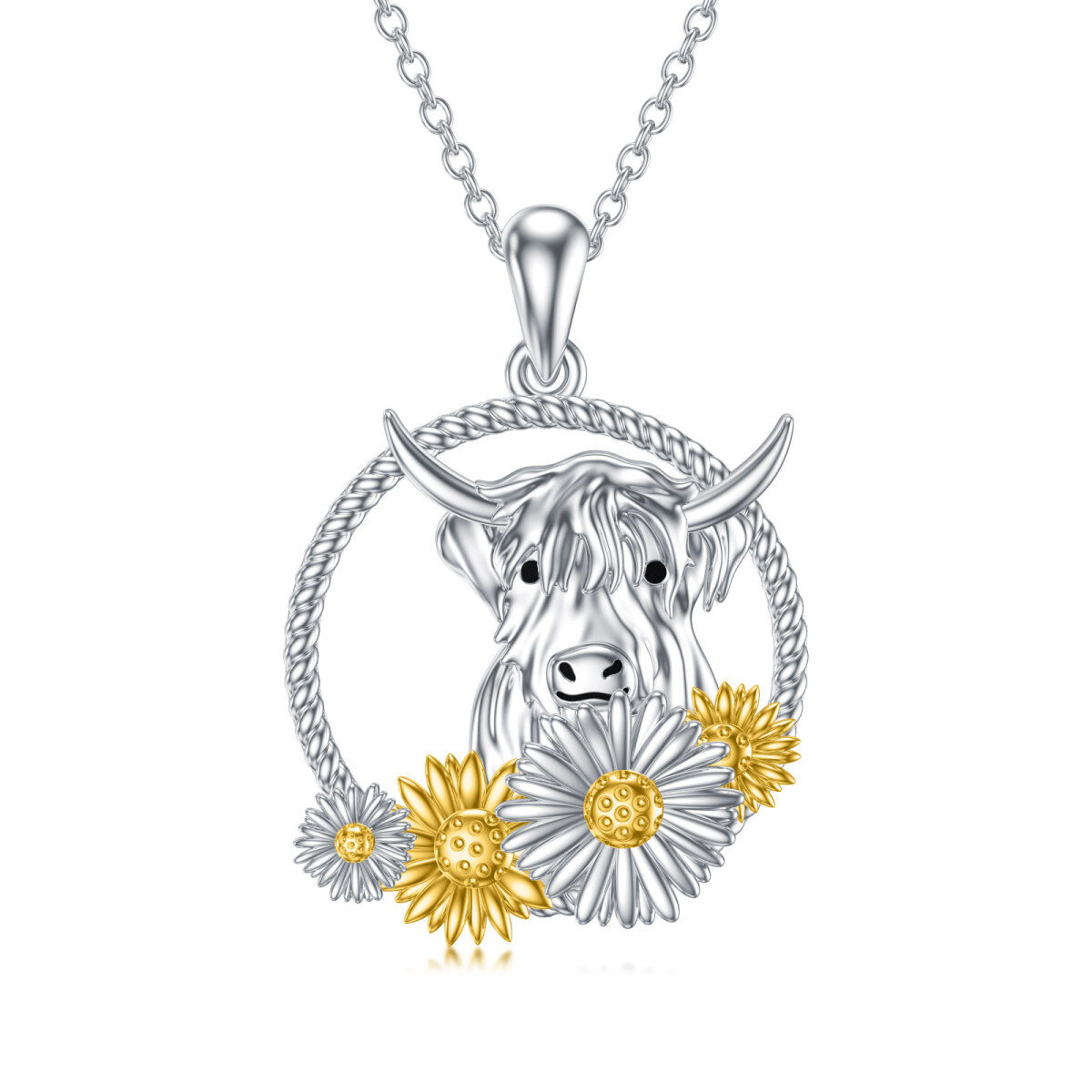 Sterling Silver Two-tone Highland Cow & Sunflower Pendant Necklace-1