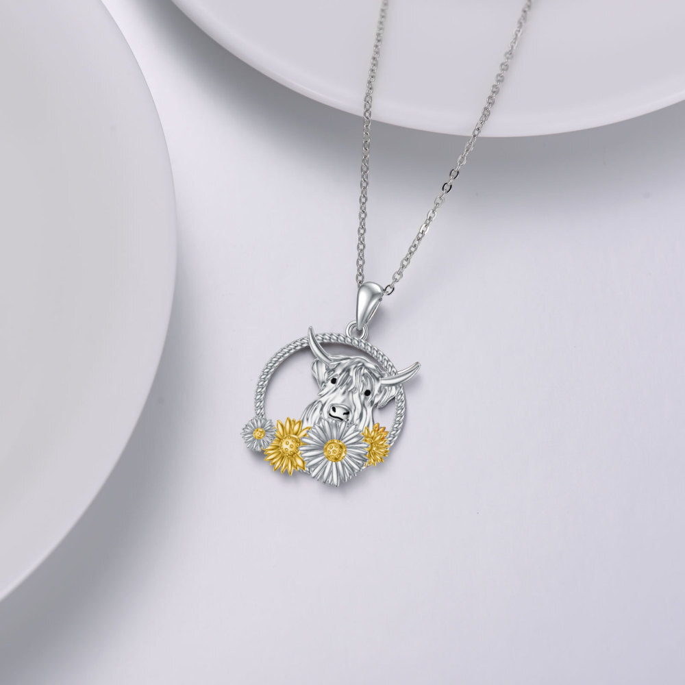 Collar Colgante Highland Cow & Sunflower de plata de ley bicolor-3