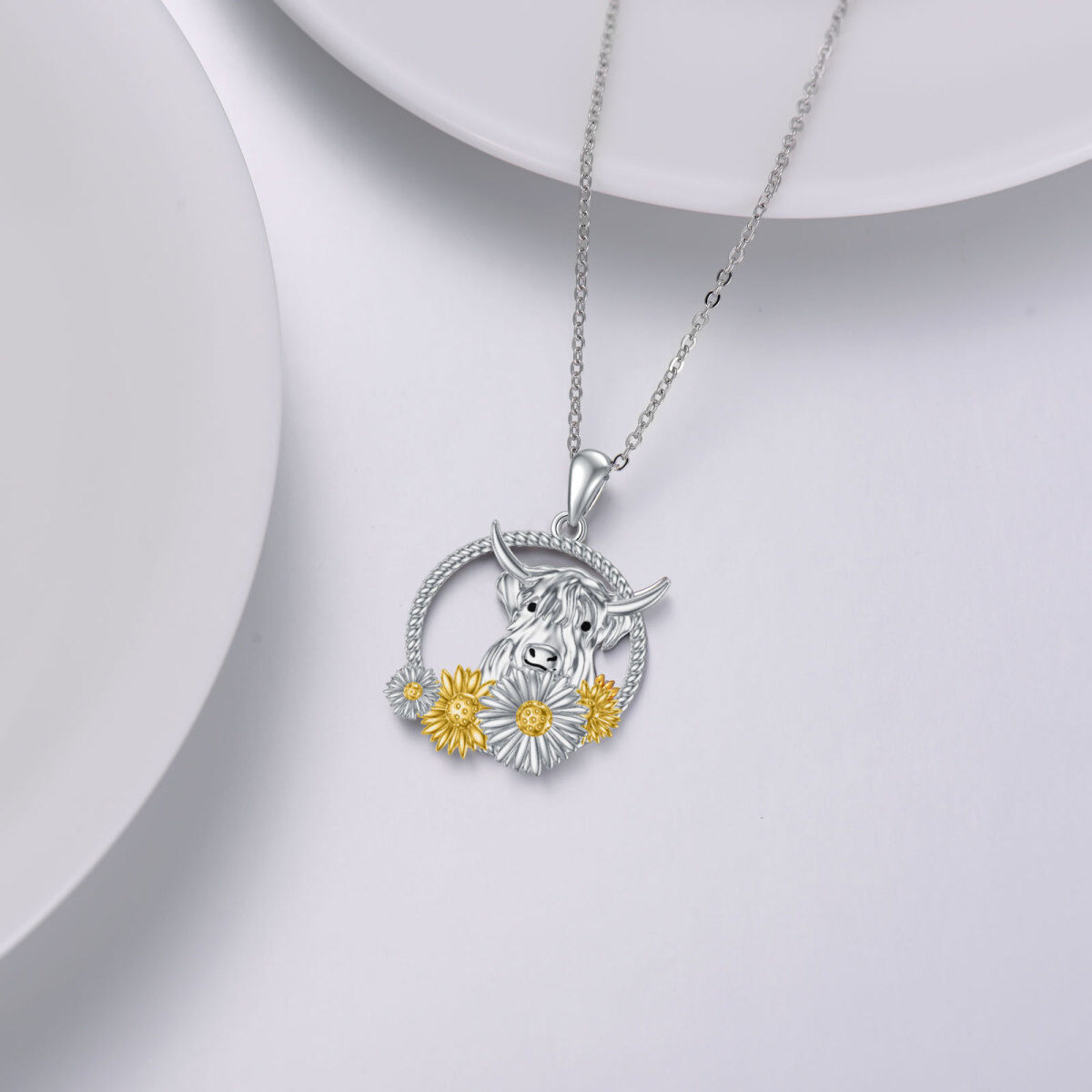 Collier en argent sterling avec pendentif Highland Cow & Sunflower bicolore-3