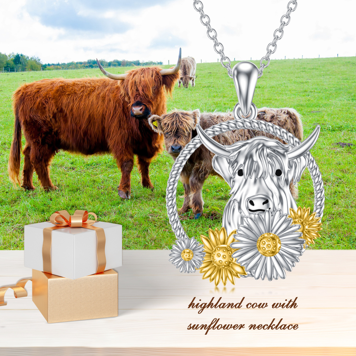 Sterling Silver Two-tone Highland Cow & Sunflower Pendant Necklace-4