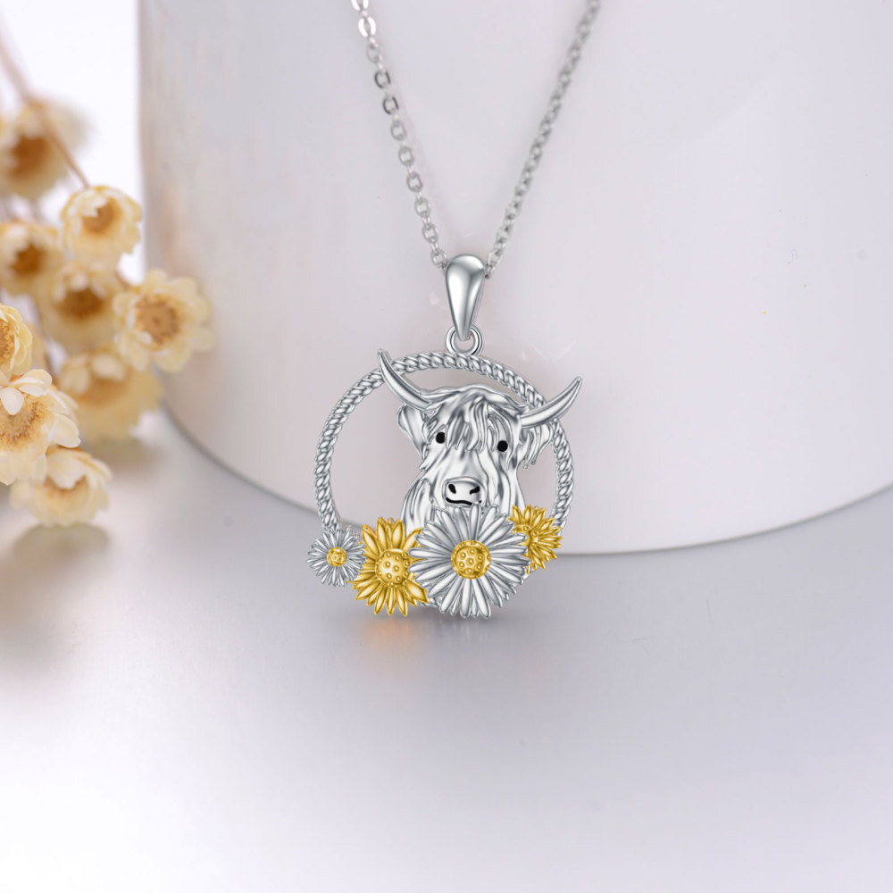 Collar Colgante Highland Cow & Sunflower de plata de ley bicolor-5