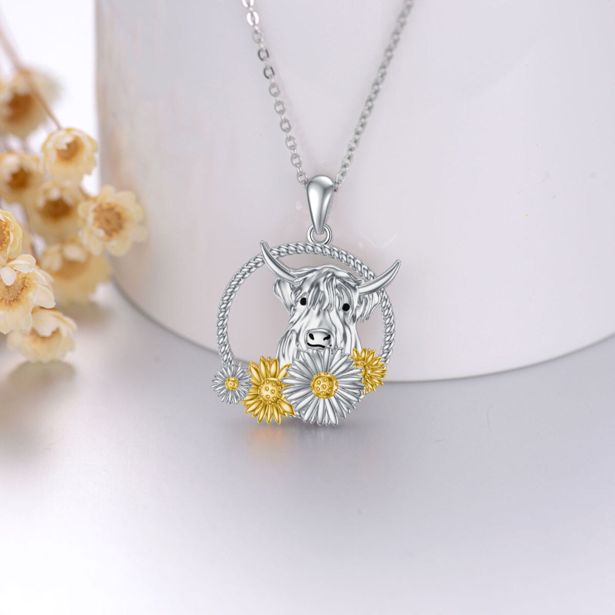 Sterling Silver Two-tone Highland Cow & Sunflower Pendant Necklace-5