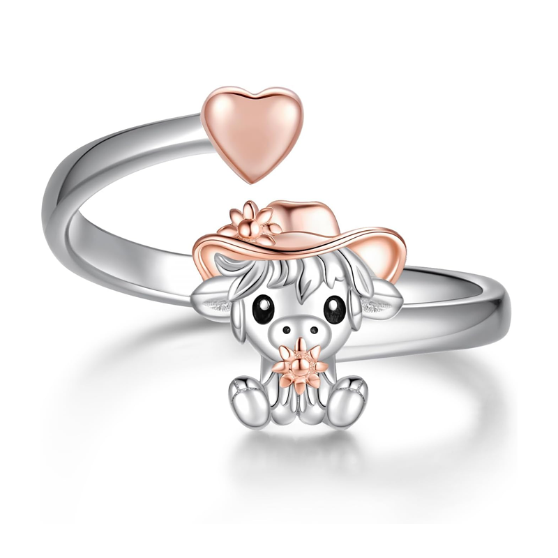 Sterling Silver Two-tone Highland Cow & Wildflowers & Heart Open Ring-1