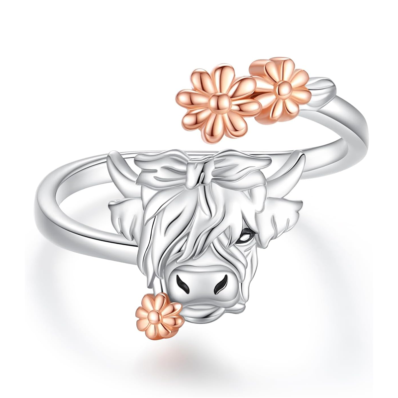 Sterling Silver Two-tone Highland Cow Wildflowers Open Ring-1