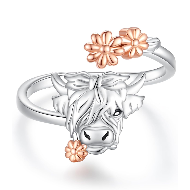 Sterling Silver Two-tone Highland Cow Wildflowers Open Ring-37