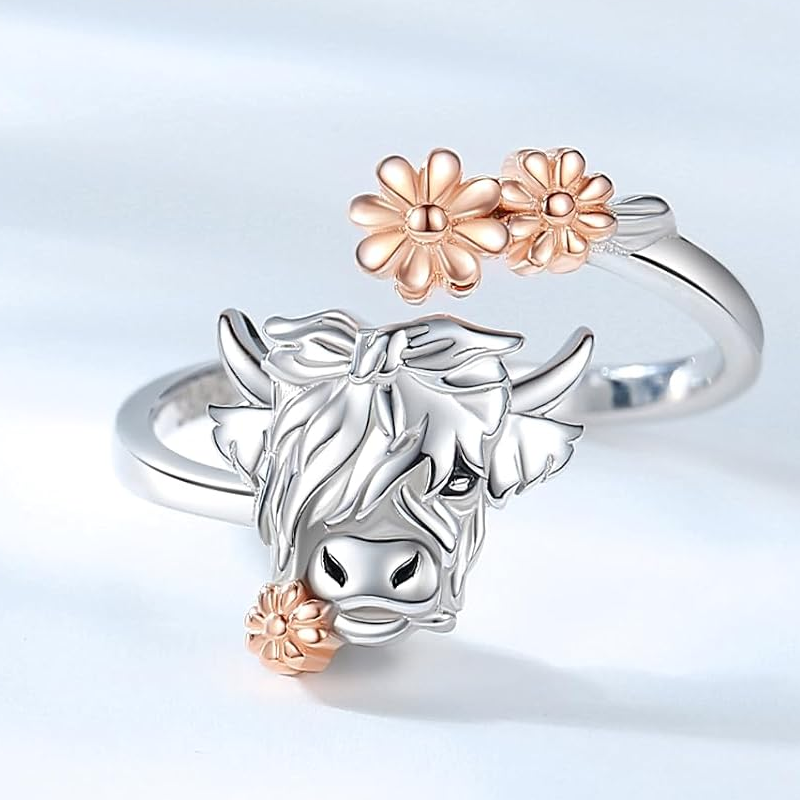 Sterling Silver Two-tone Highland Cow Wildflowers Open Ring-2