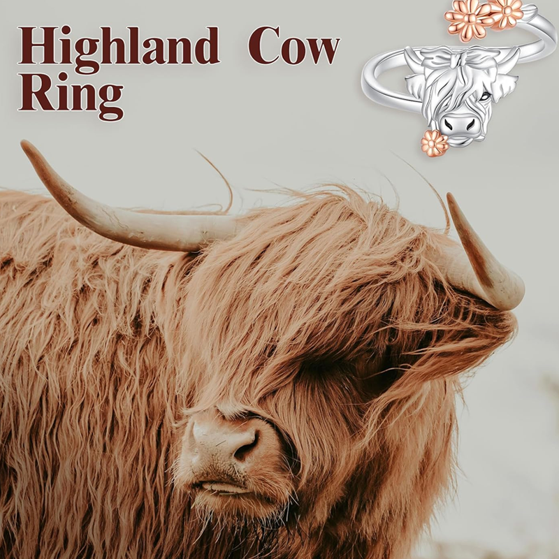 Sterling Silver Two-tone Highland Cow Wildflowers Open Ring-5