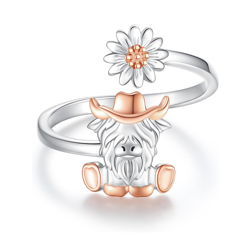 Sterling Silver Two-tone Highland Cow & Wildflowers Open Ring-1