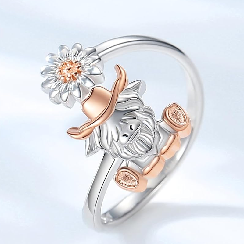 Sterling Silver Two-tone Highland Cow & Wildflowers Open Ring-3